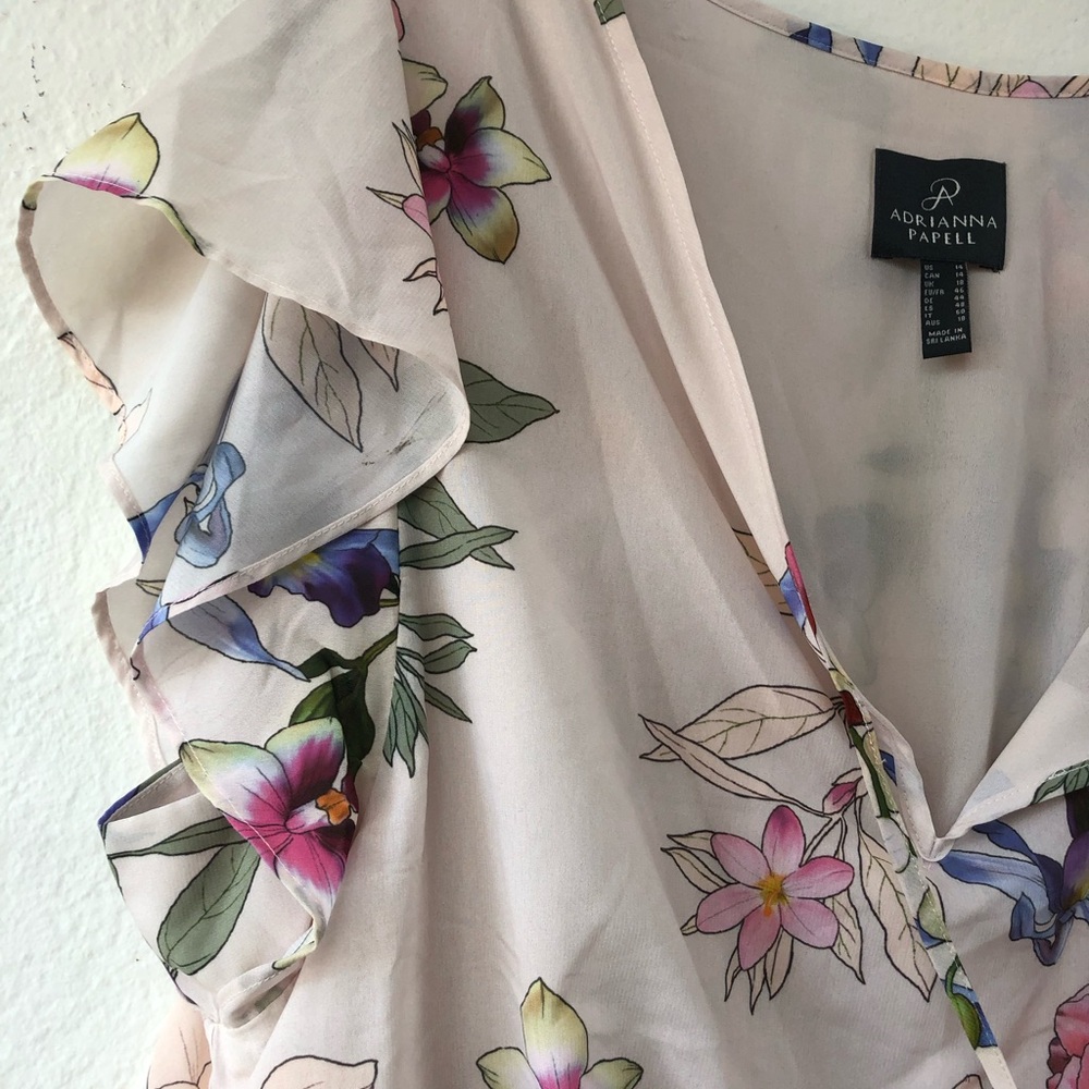 NWT 14 Adrianna Papell Blush Floral Border Maxi Dress Ruffle Sleeve Lined - Picture 11 of 15